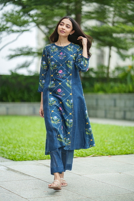 Tulip Kurta Set- Blue Geo