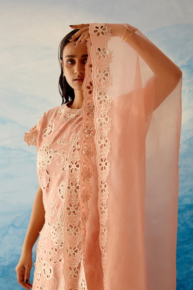 Peach Organza Cutwork Dupatta