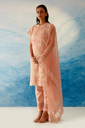 Peach Organza Cutwork Dupatta