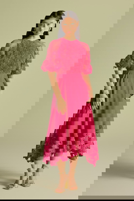 Fuchsia 3D Rose Applique & Cutwork Flounce Dress