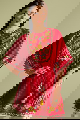 Red Embroidered Yoke Detail Kaftan