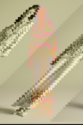 Ivory Floral Threadwork Bell Bottom Pants