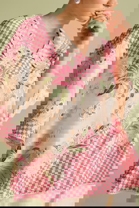 Ivory And Fuchsia Checkered Applique Shirt 