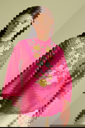 Fuchsia Mesh Yoke Detail Top