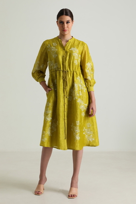 Chartruese Dress with Carnation Print In Silk Chanderi