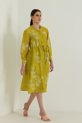 Chartruese Dress with Carnation Print In Silk Chanderi