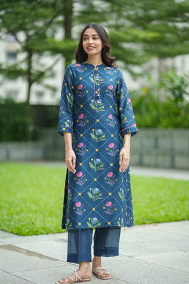 2Pc Daisy Kurta Set - Olive Blue Geo