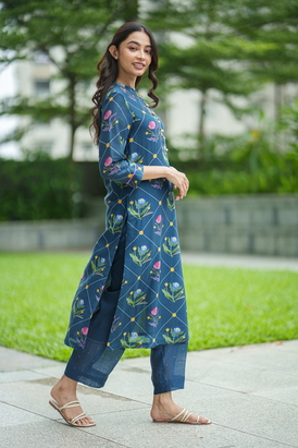 2Pc Daisy Kurta Set - Olive Blue Geo
