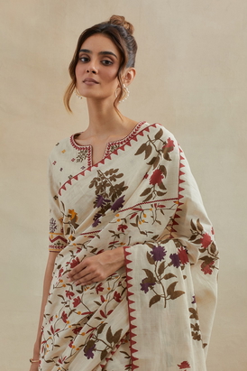 Beige Floral Cotton Saree