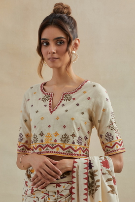 Beige Threadwork Cotton Blouse