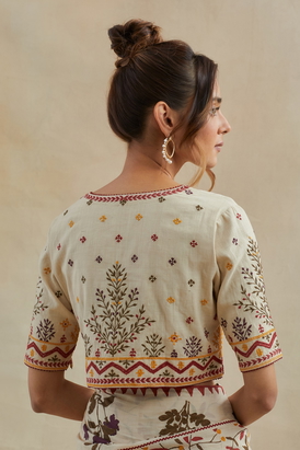 Beige Threadwork Cotton Blouse