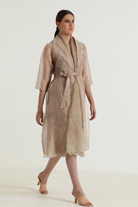Beige Printed Organza Jacket With Scalloped Collar and Brocade Dress