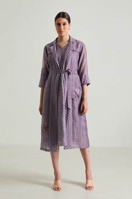 Carnation Embroided Organza Jacket with Plain Silk Chanderi Dress