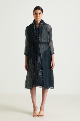 Indigo Printed Organza Jacket with Silk Chanderi Dress