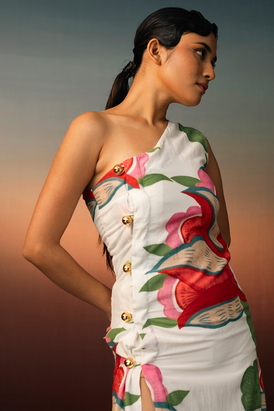 One Shoulder Dress With Custom Gold Plated Brass Button