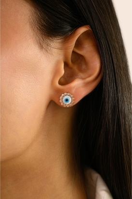 Rose Gold Plated White CZ Evil Eye Stud Earrings