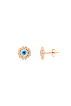 Rose Gold Plated White CZ Evil Eye Stud Earrings