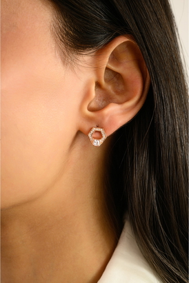White CZ Hexagon Rose Gold Stud Earrings