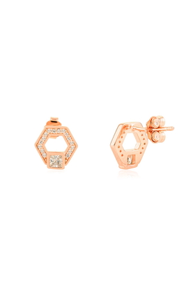 White CZ Hexagon Rose Gold Stud Earrings