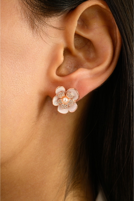 Rose Gold White CZ with Pearl Floral Enamel Stud Earrings