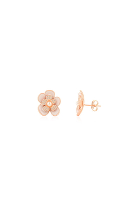 Rose Gold White CZ with Pearl Floral Enamel Stud Earrings