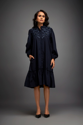 Floral Embroidered Dress With Long Structured Sleeves