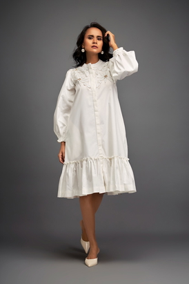 Floral Embroidered Dress With Long Structured Sleeves
