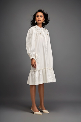 Floral Embroidered Dress With Long Structured Sleeves
