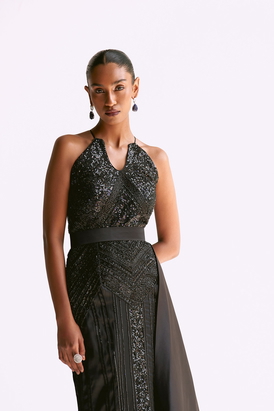 Black Embellished Trumpet Gown