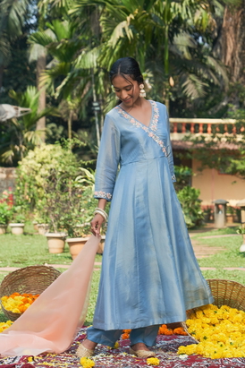 Blue Tissue Hand Embroidered Anarkali Set
