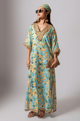 Linen Digital Print Aqua Kaftan Dress