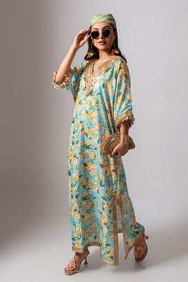 Linen Digital Print Aqua Kaftan Dress