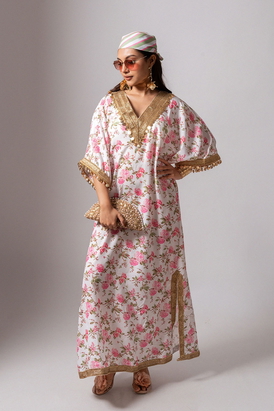 Linen Digital Print White Kaftan Dress