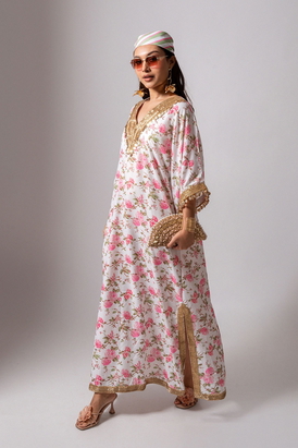 Linen Digital Print White Kaftan Dress