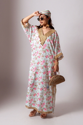 Linen Digital Print Aqua Green Kaftan Dress