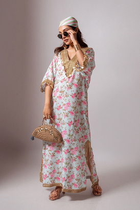 Linen Digital Print Aqua Green Kaftan Dress