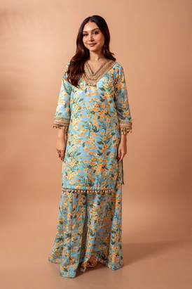 Linen Digital Print Aqua Kali Sharara Set