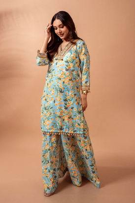 Linen Digital Print Aqua Kali Sharara Set