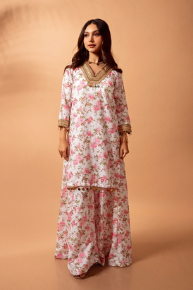 Linen Digital Print White Kali Sharara Set
