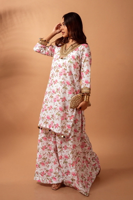 Linen Digital Print White Kali Sharara Set