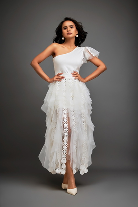 One-Shoulder Asymmetrical Co-Ord With Tiered Tulle Skirt