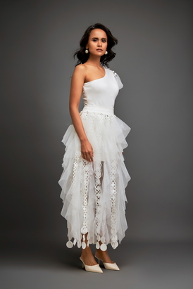 One-Shoulder Asymmetrical Co-Ord With Tiered Tulle Skirt