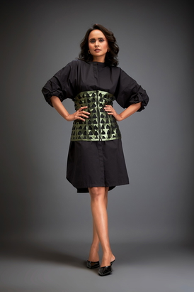 Shirtdress Paired With A Metallic Green Corset