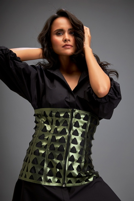 Shirtdress Paired With A Metallic Green Corset
