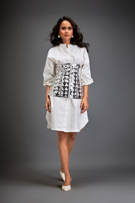 Shirtdress Paired With A Metallic Green Corset
