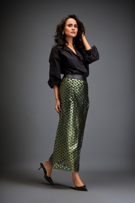 Double Layered Metallic Green Skirt With Inner Skirt