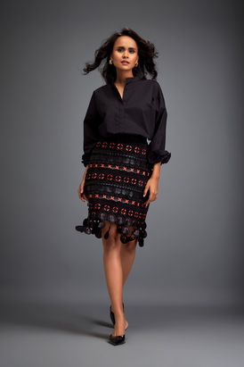 Skirt With Black And Orange Layered Geometric Cutouts