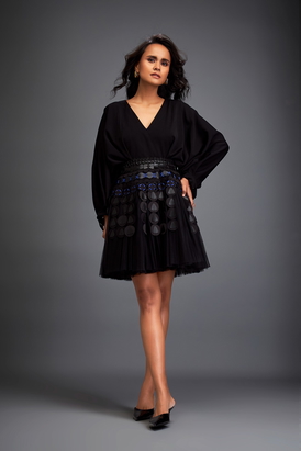 Voluminous Dress With Textured Skirt And Blue Accents