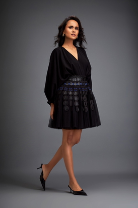 Voluminous Dress With Textured Skirt And Blue Accents