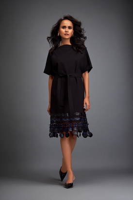 Structured Dress With Leather Appliqué Hem And Belt